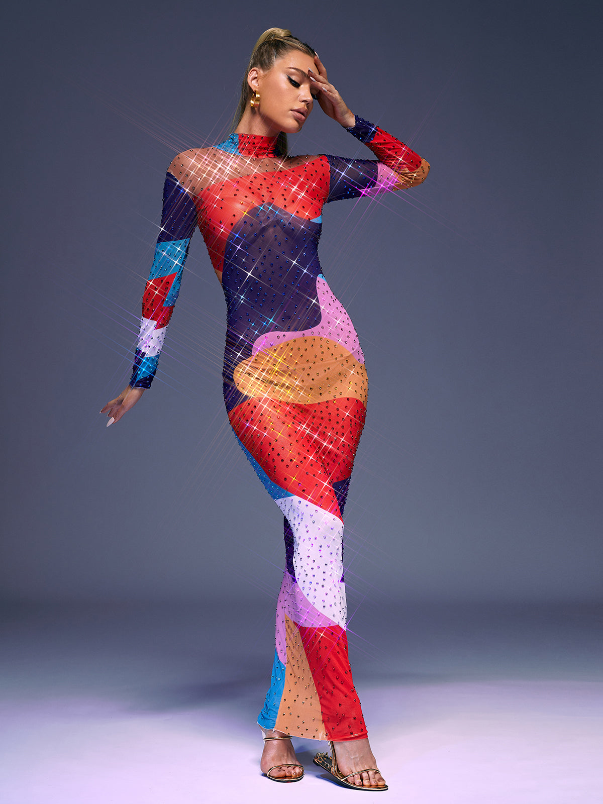 Saanvi Long Sleeve Multi Rhinestone Maxi Dress - View 4