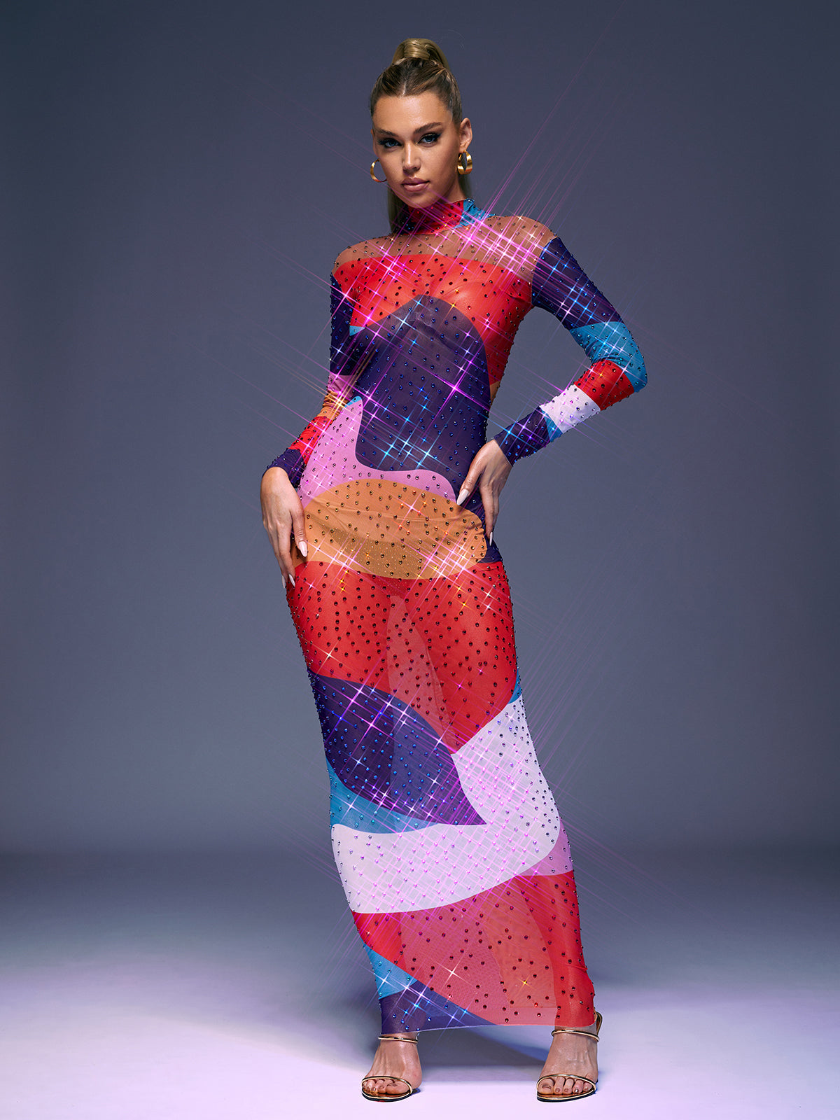 Saanvi Long Sleeve Multi Rhinestone Maxi Dress - View 3