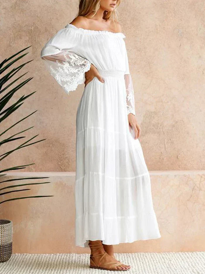 Off Shoulder Lace Bell Sleeve Smocked Tiered Chiffon Maxi Dress - View 4