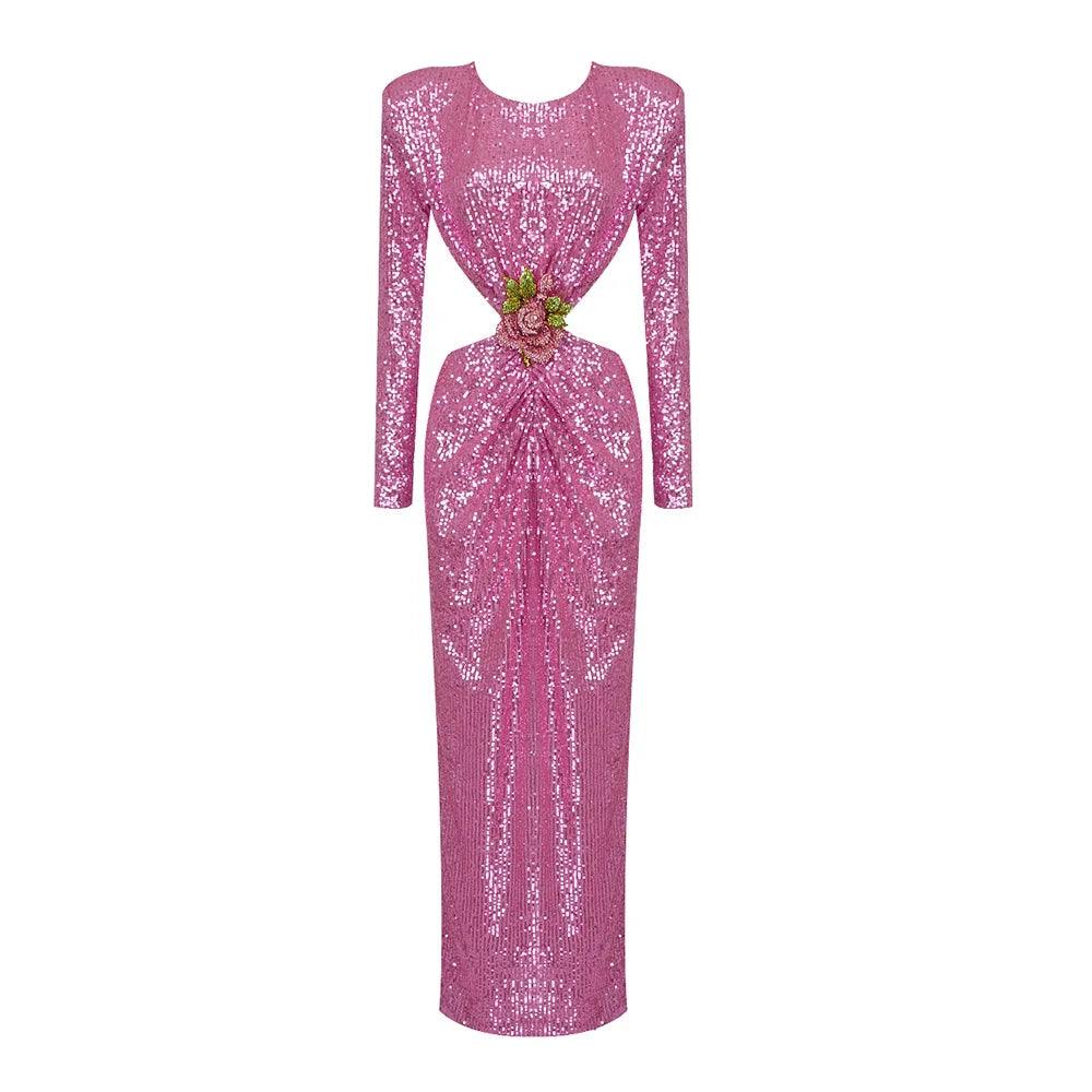 Sequin Long Sleeve Cut Out Bodycon Maxi Dress - View 14