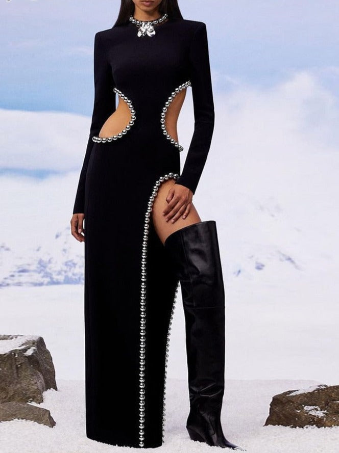 Beaded Cutout Long-Sleeve High-Slit Column Gown