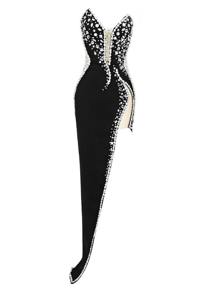 Crystal Embellished Strapless High Slit Bodycon Midi Dress 7