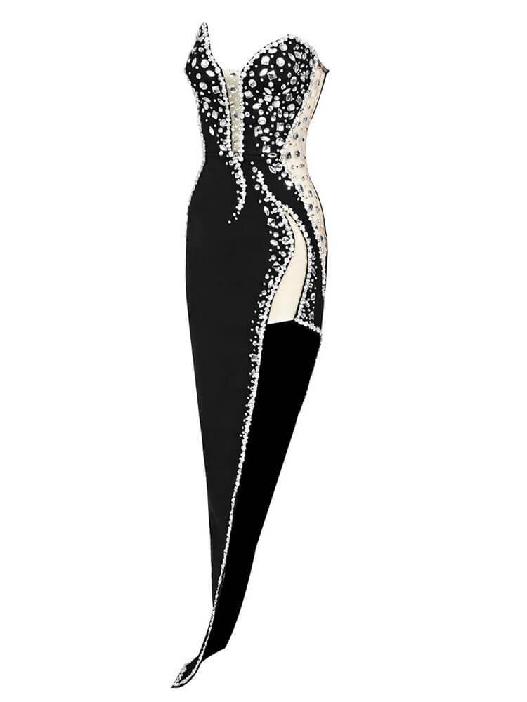 Crystal Embellished Strapless High Slit Bodycon Midi Dress 8