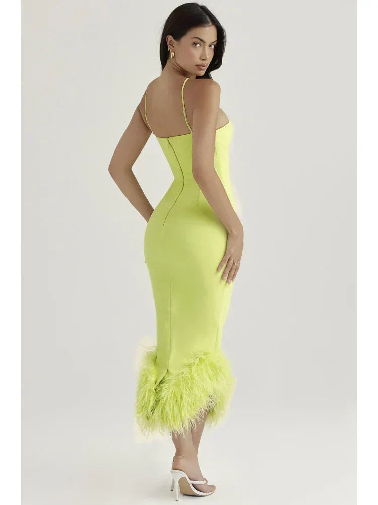 Elegant Spaghetti Strap Feather Midi Dress - View 5