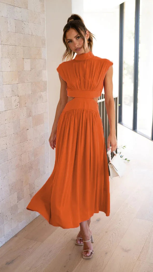 Sleeveless Mock Neck Side Cut Out Pleated Maxi Dress - View 8