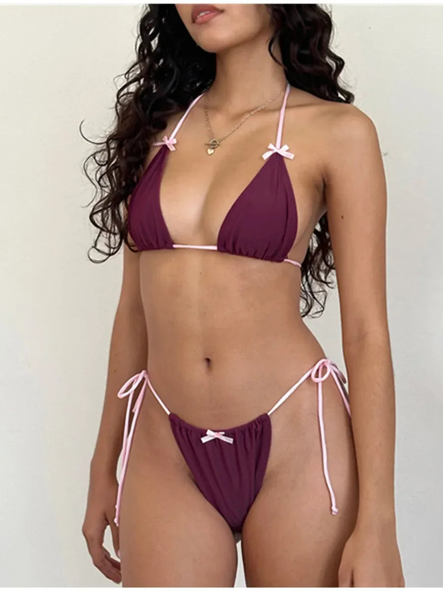 Bowknot Padded Tie-Up Bikini Set - Fashionpara