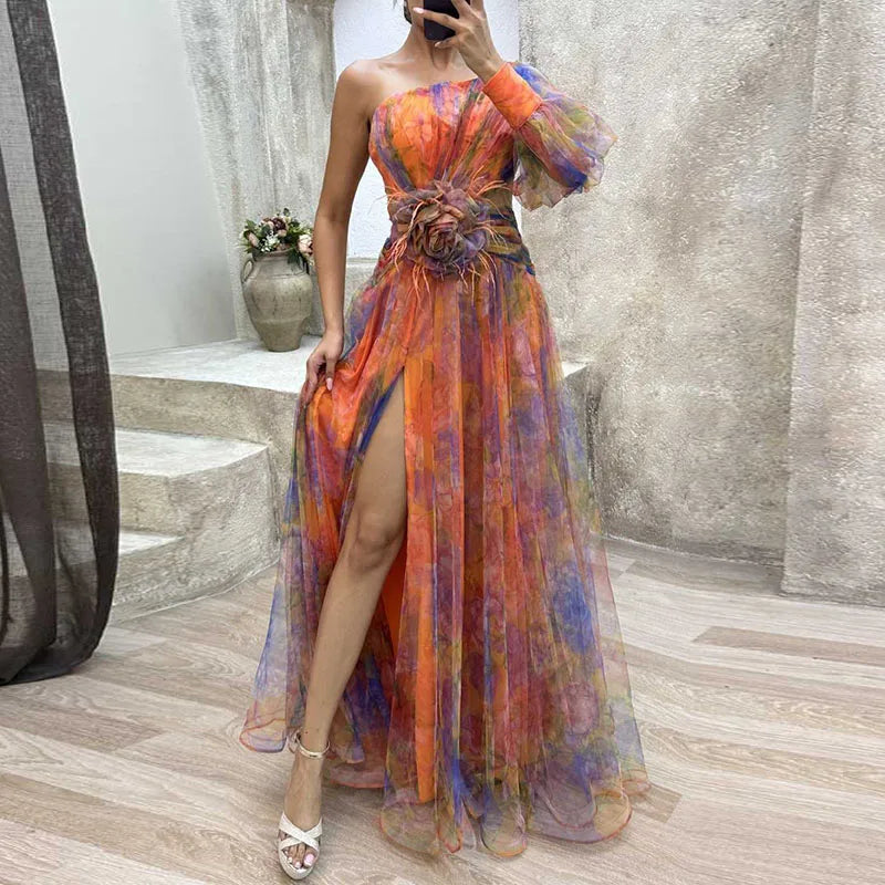 Floral One Shoulder Cut Out High Split Maxi Gown 7