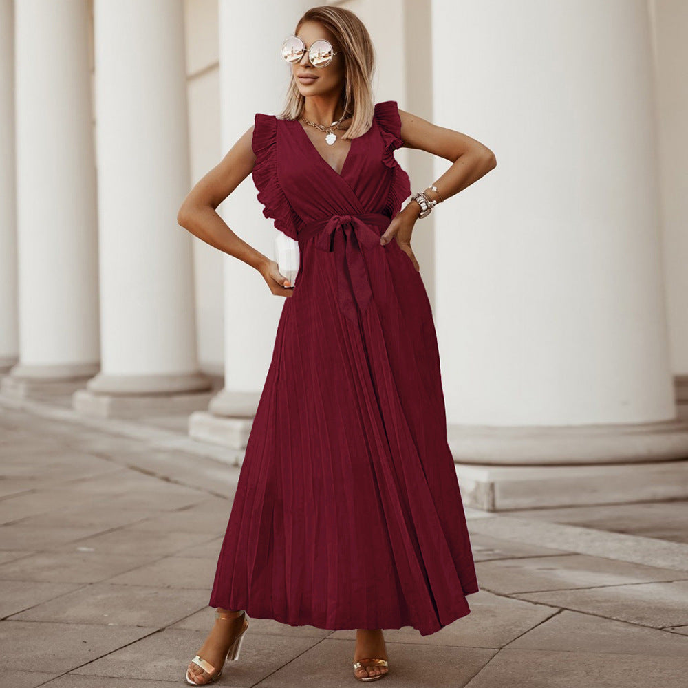 Deep V-Neck Ruffle Shoulder Accordion Pleat Tie Waist Maxi Dress