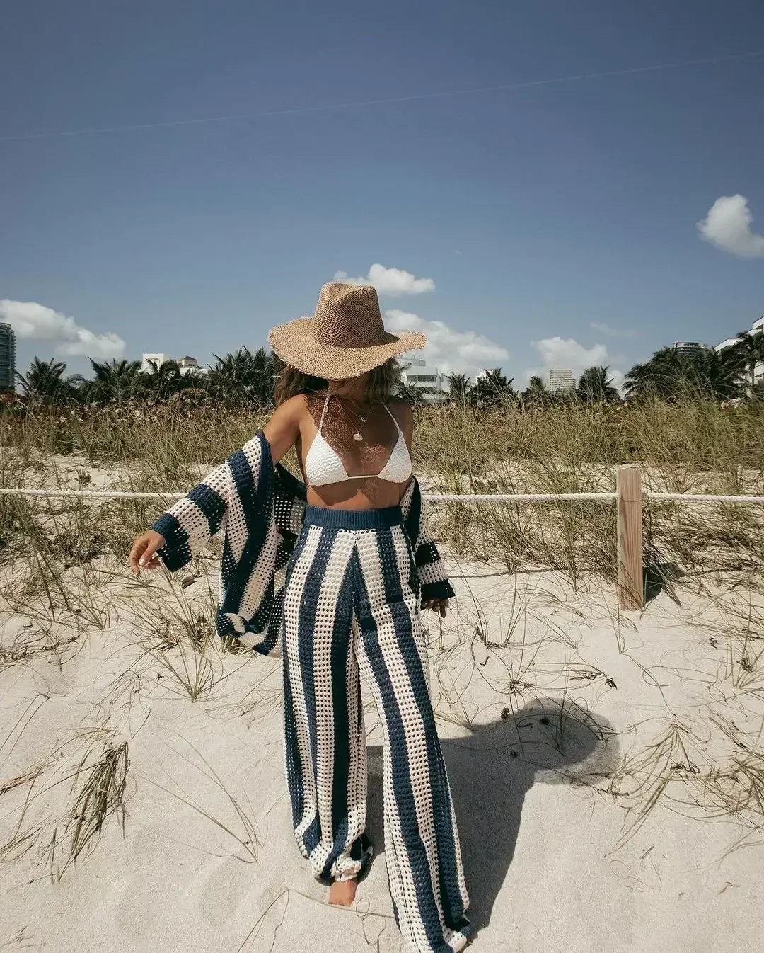 Striped Open Knit Collared Top and Wide Leg Pants Two Piece Set 7