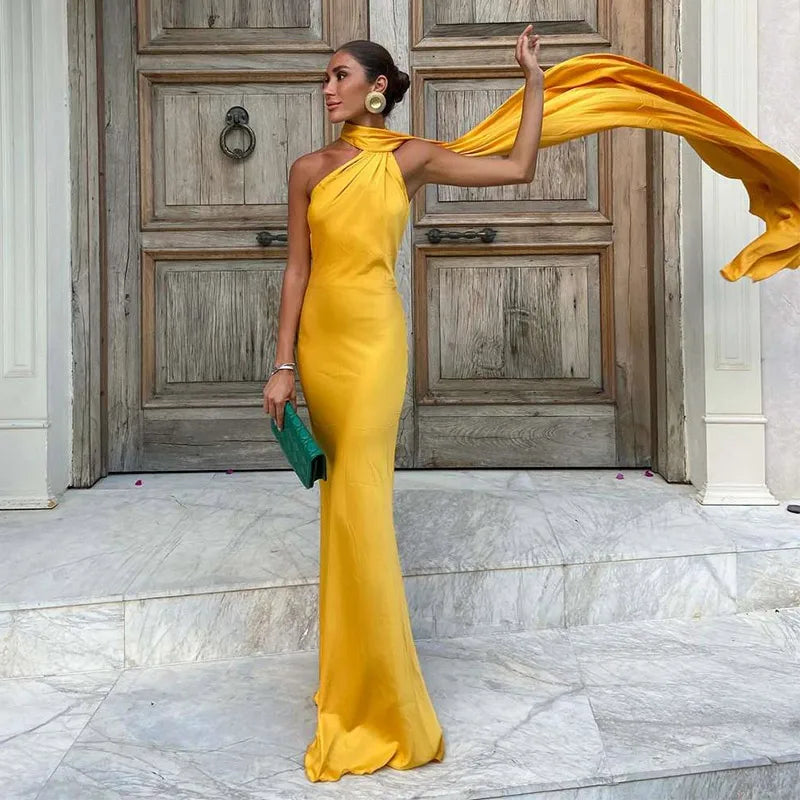 Satin Halter Neck Asymmetric Draped Sash Floor Length Gown - View 9