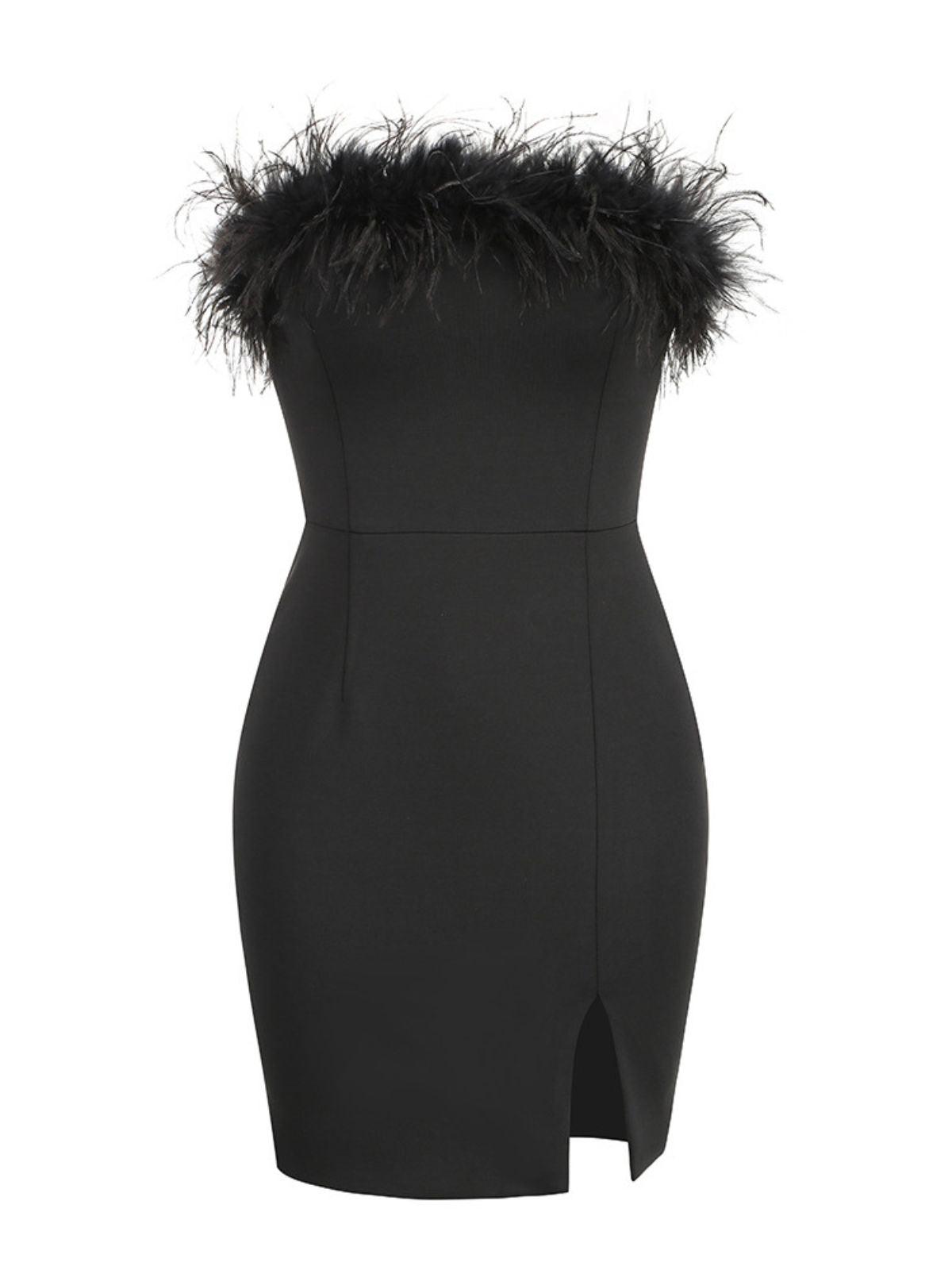 Feather Trim Strapless Split Bodycon Mini Dress 6