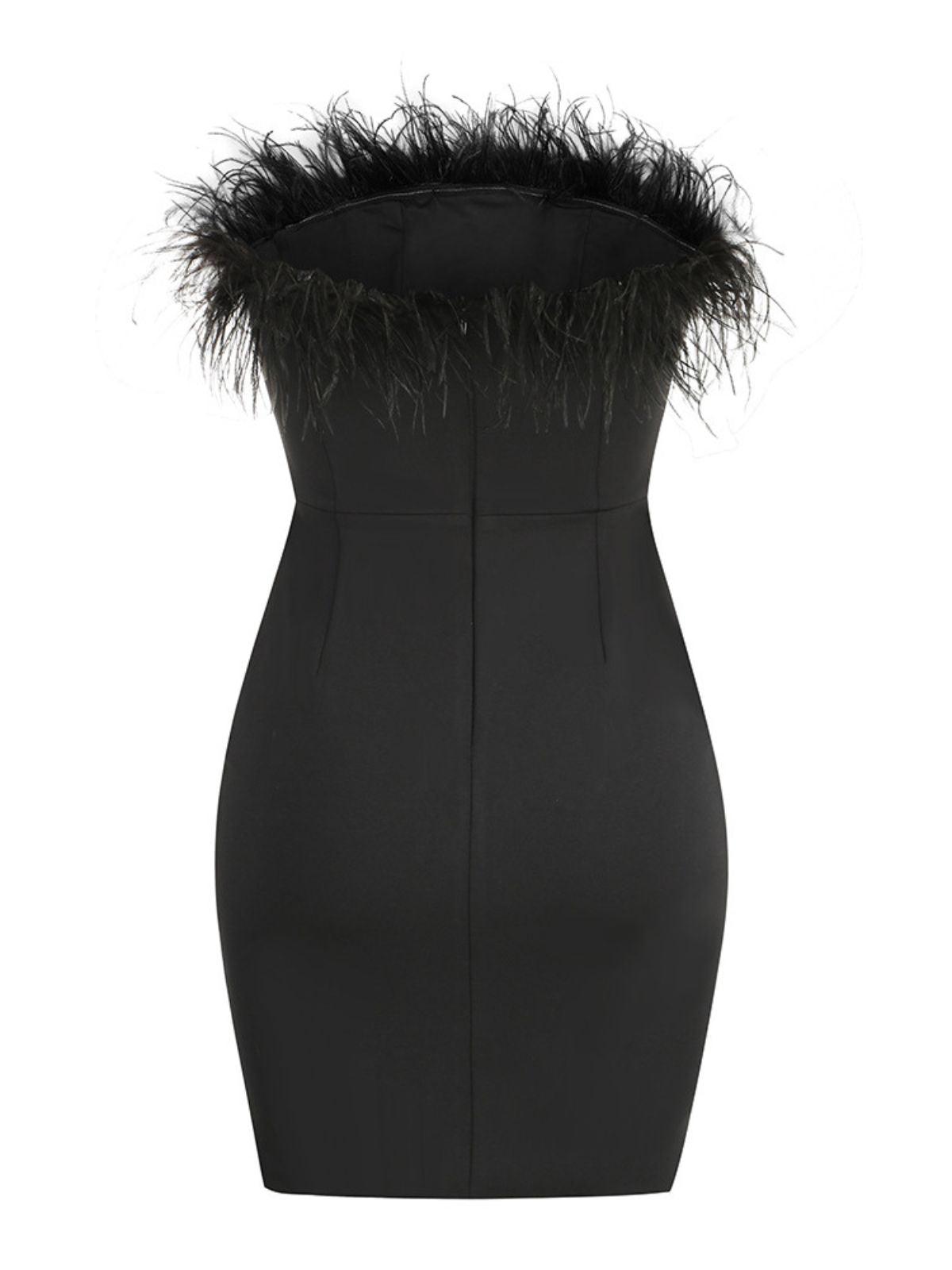 Feather Trim Strapless Split Bodycon Mini Dress 7
