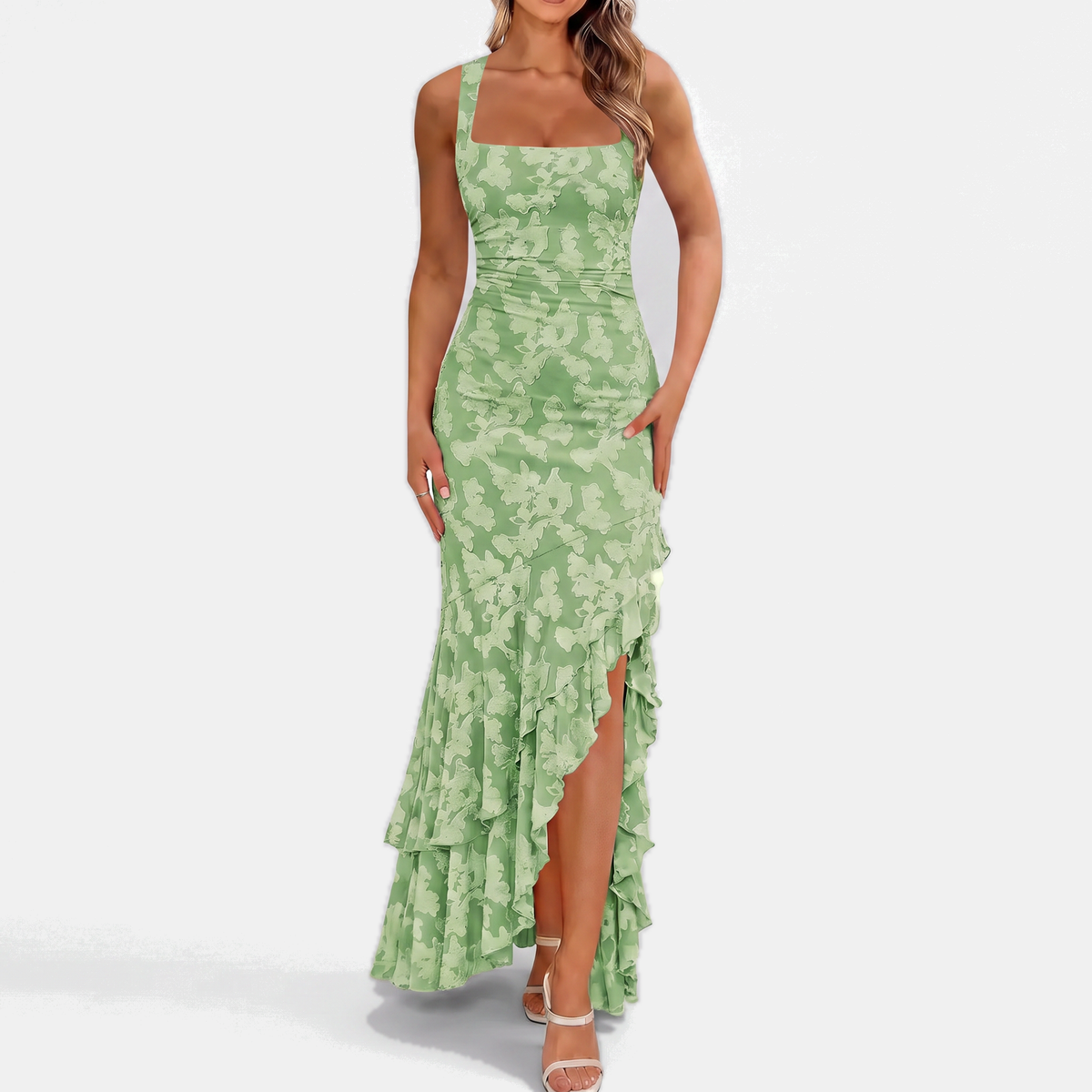 Floral Square Neck Ruffle High Low Mermaid Maxi Dress 4
