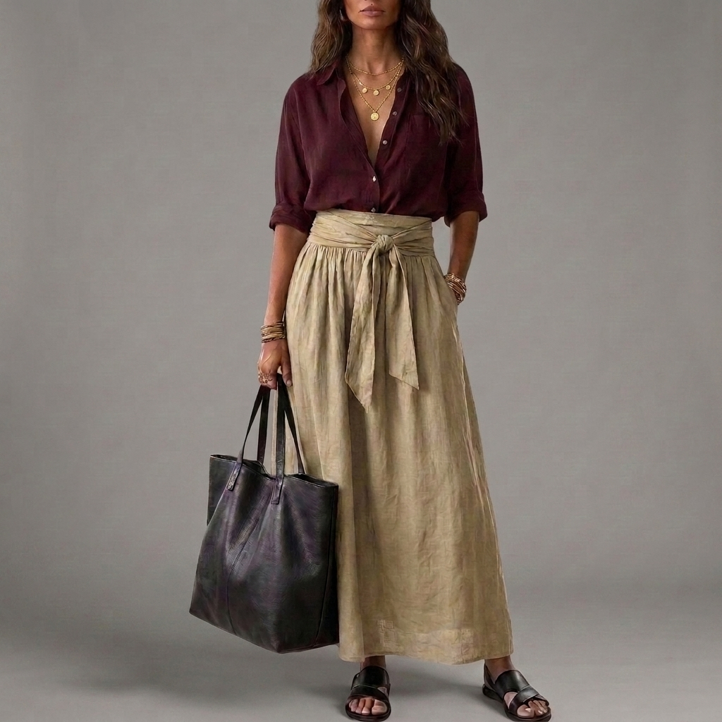 Button Front Shirt and Tie Waist Maxi Skirt Two Piece Set 4