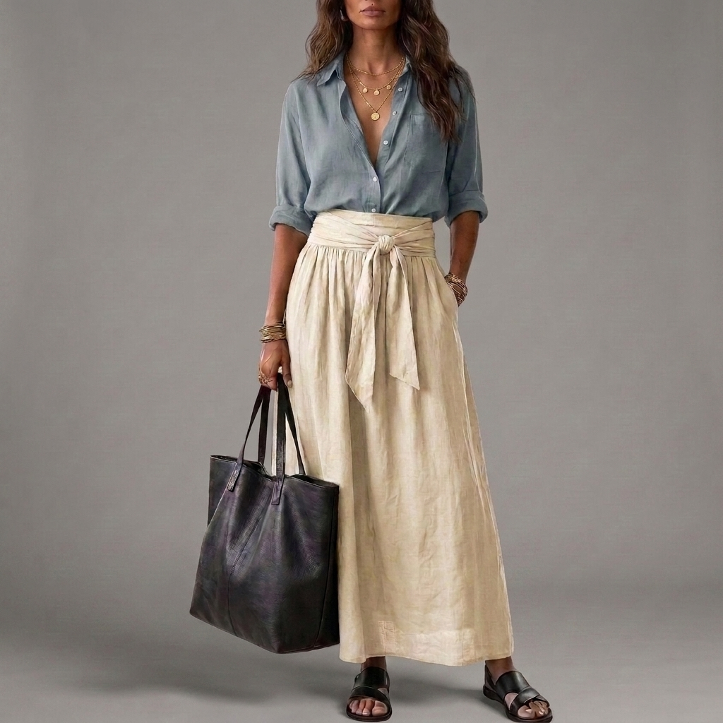 Button Front Shirt and Tie Waist Maxi Skirt Two Piece Set 5