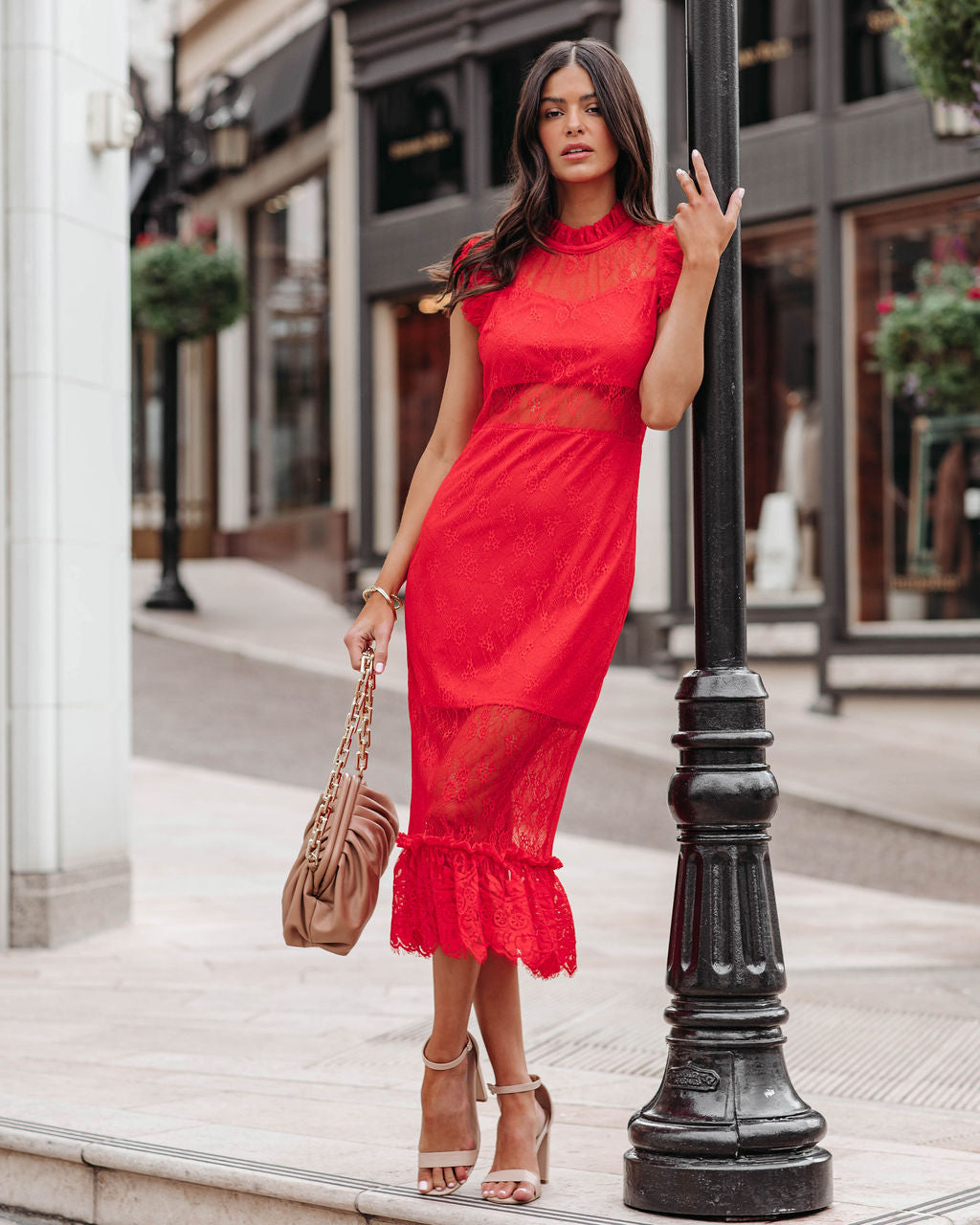 Lace High Neck Cap Sleeve Mermaid Midi Dress