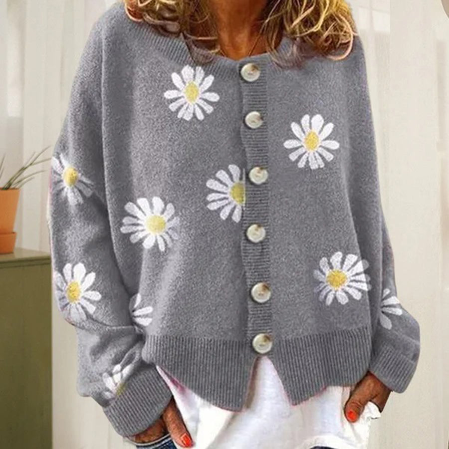 Daisy Floral Round Neck Button Front Knit Cardigan