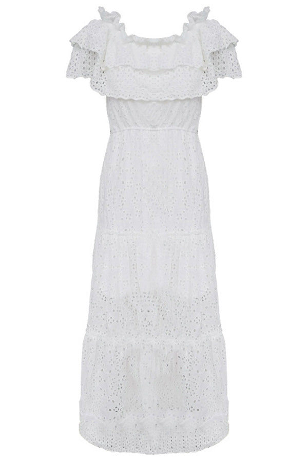 White Off-the-shoulder Ruffled Lace Dress