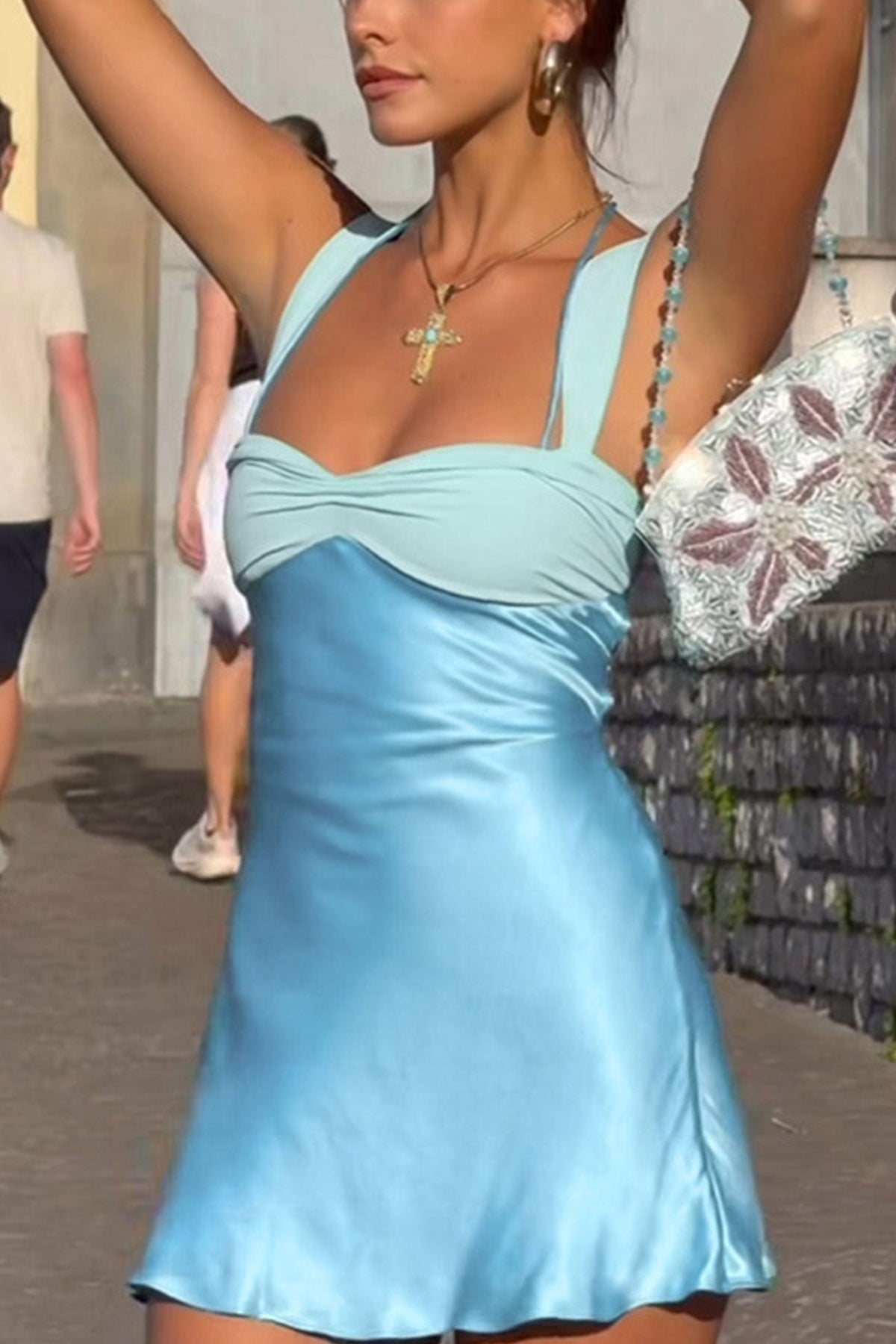 Satin Twisted Bust Dual Strap Lettuce Hem Mini Cami Dress - View 3