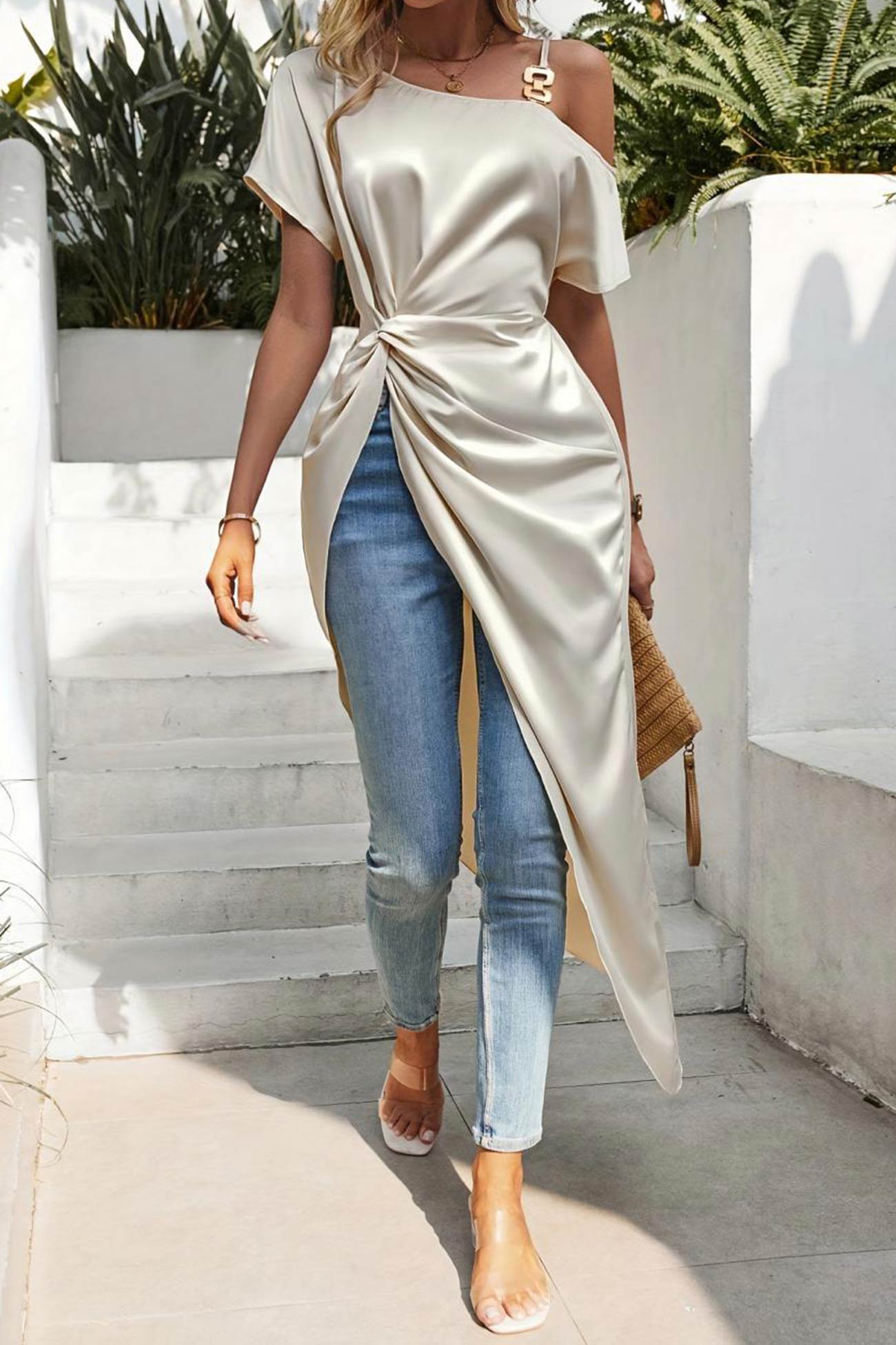 Satin Drop Shoulder Ruched Slit Tops - Fashionpara