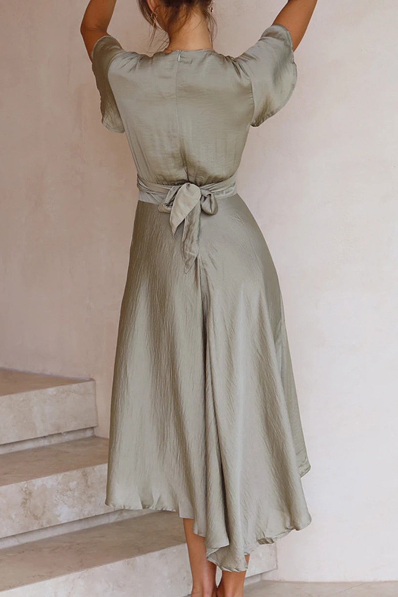 Satin Flares Sleeve Twisted-front Dress - Fashionpara