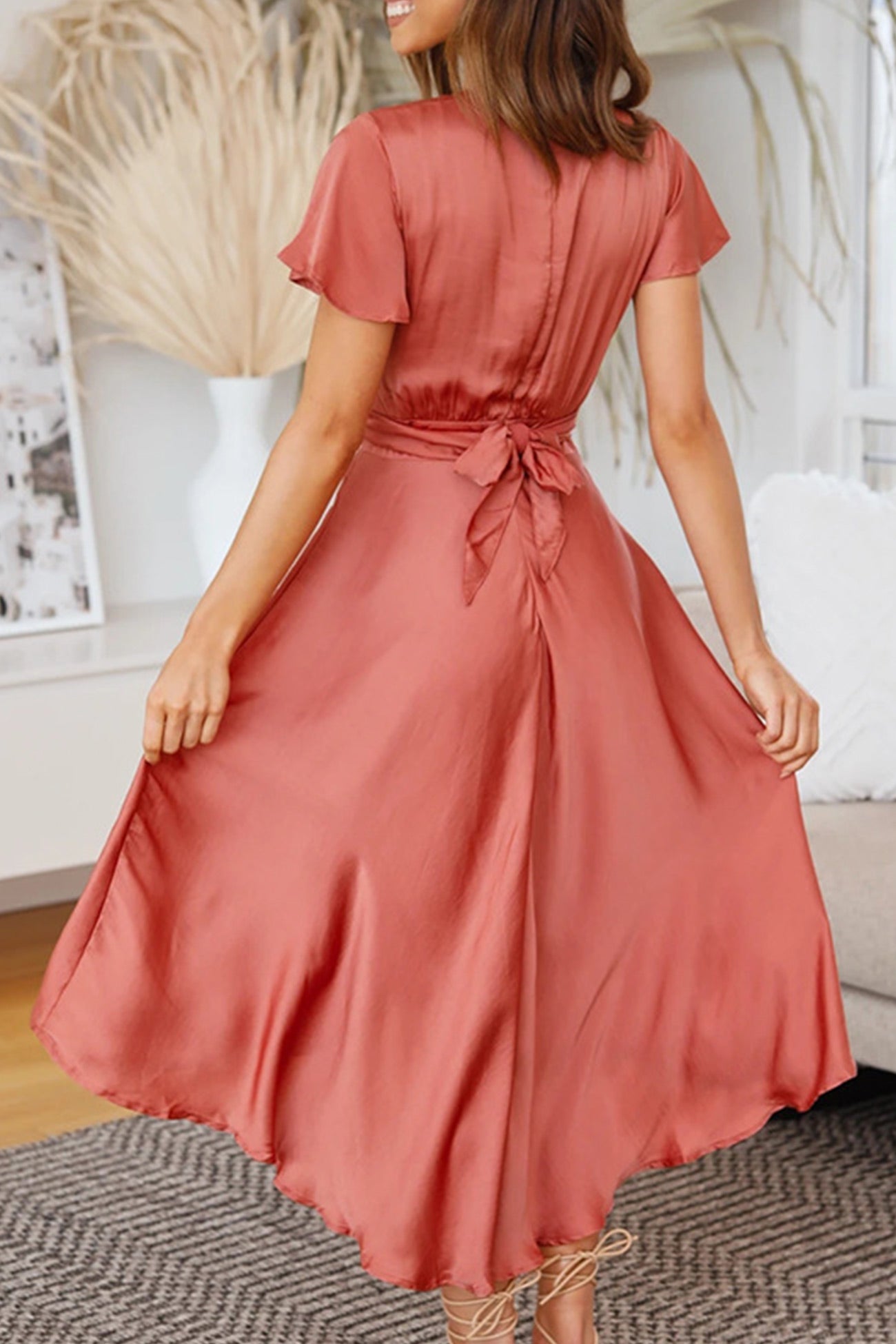 Satin Flares Sleeve Twisted-front Dress - Fashionpara