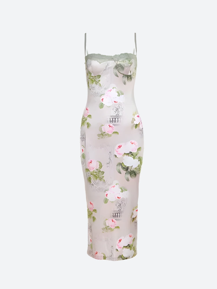 Satin Floral Midi Dress - Fashionpara