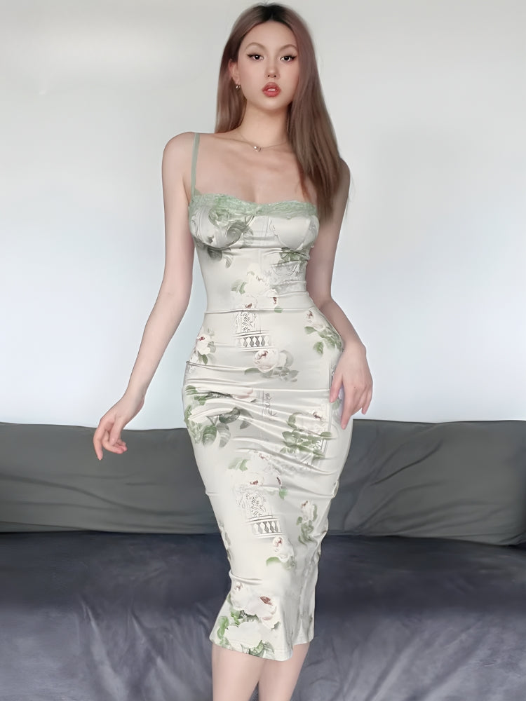 Floral Satin Spaghetti Strap Lace Trim Bodycon Midi Dress