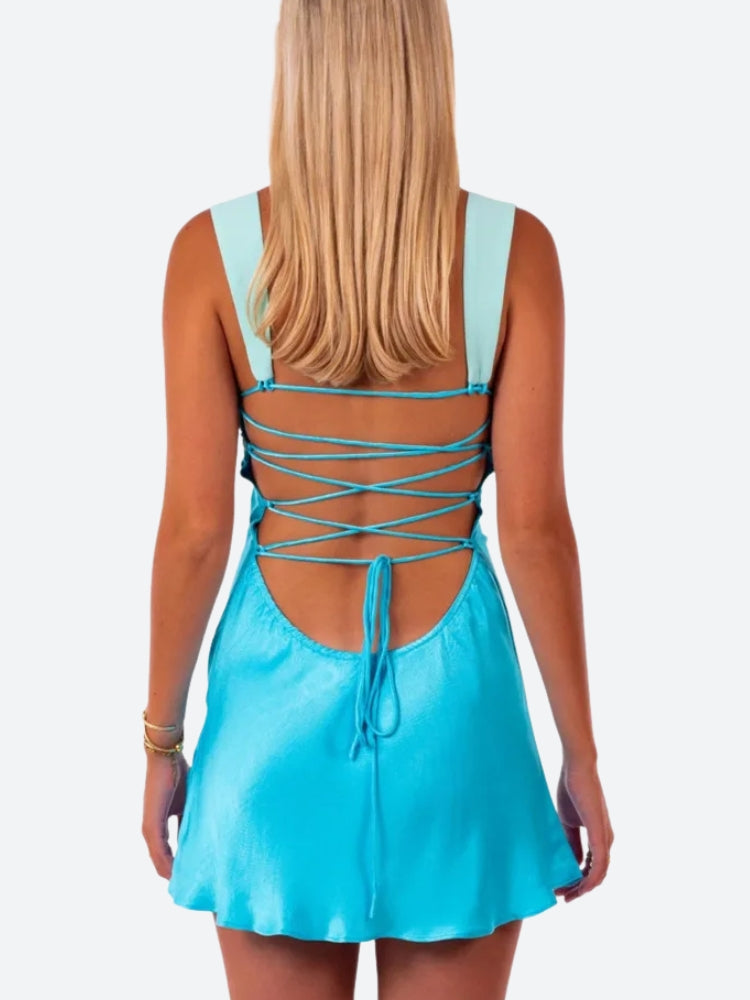 Satin Lace Up Backless Mini Dress - View 3