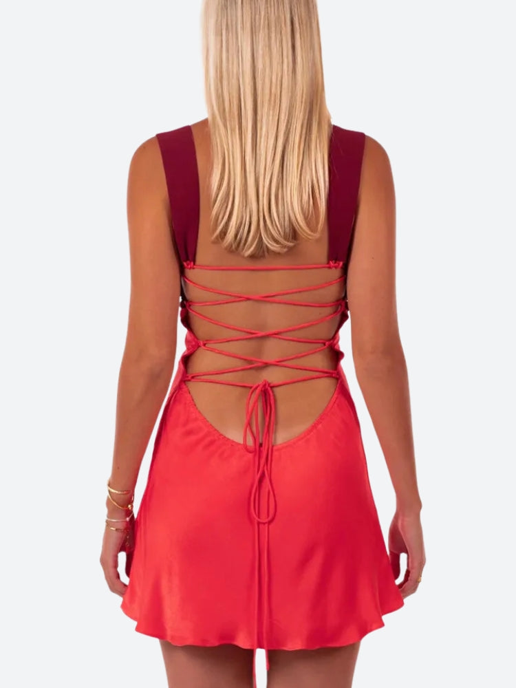 Satin Lace Up Backless Mini Dress - View 6