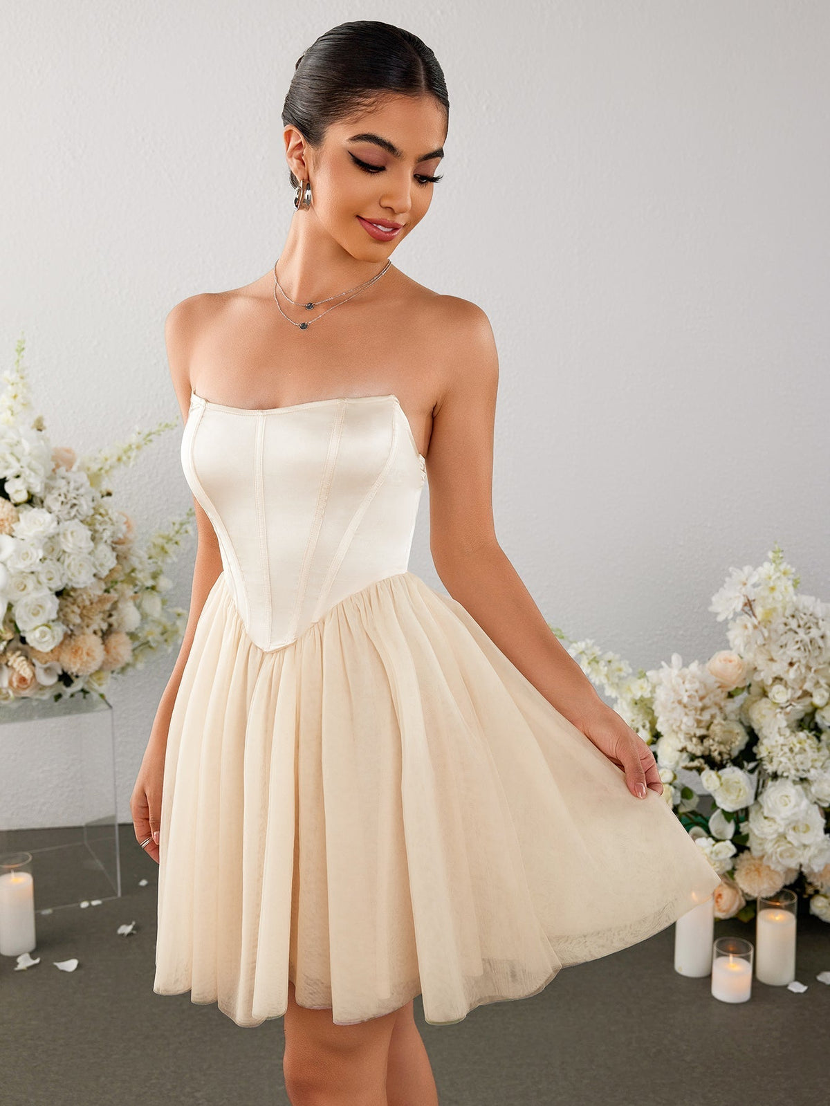 Satin Patchwork Mesh Backless Tube Dress - View 4