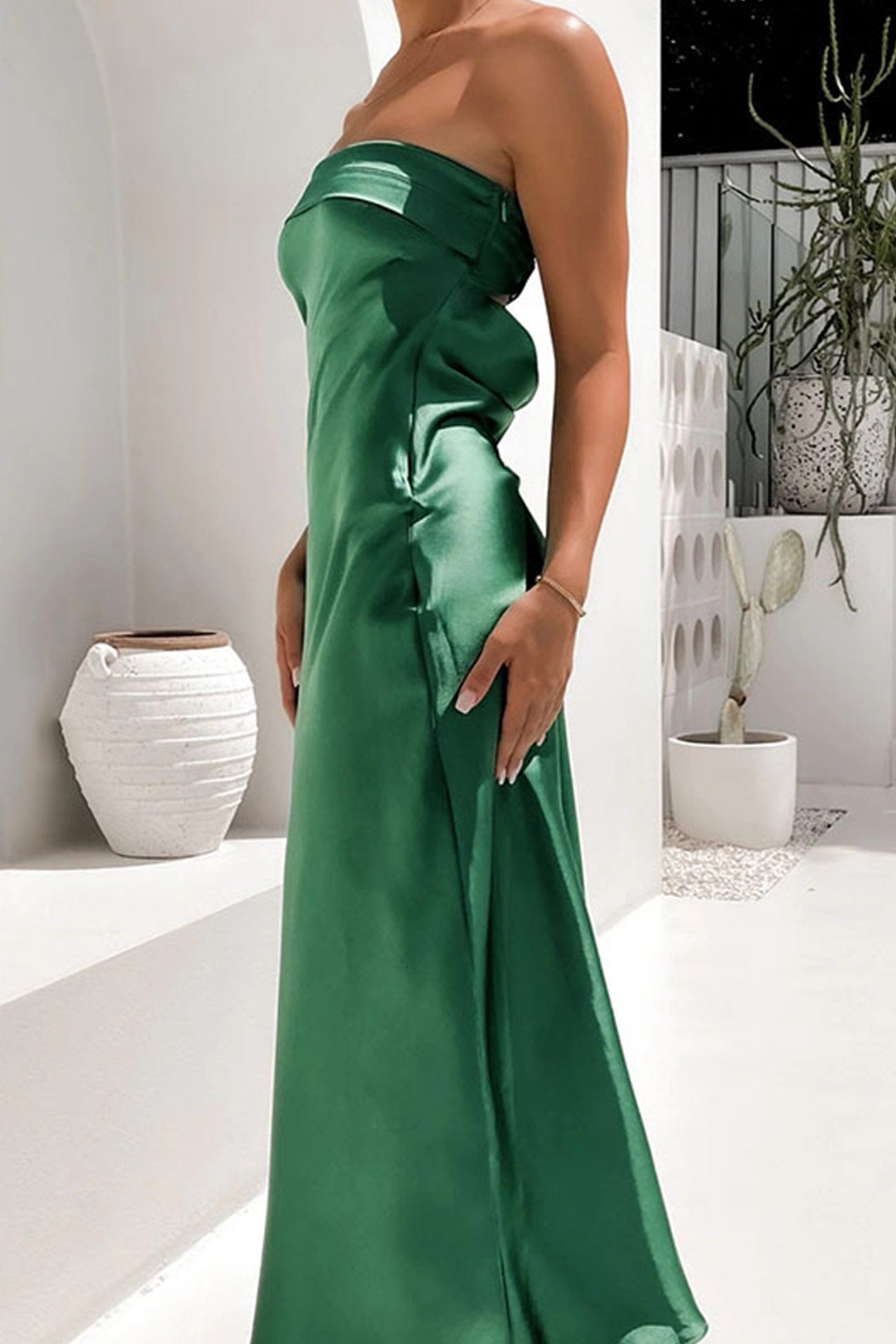 Satin Solid Color Strapless Midi Dress