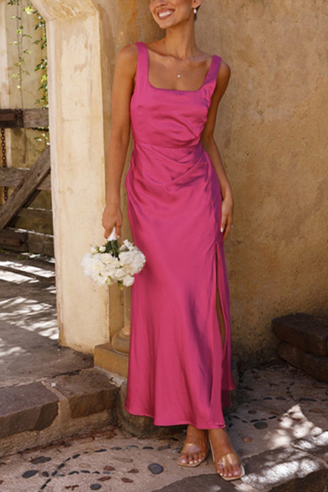Satin Square Neck Slit Maxi Dress