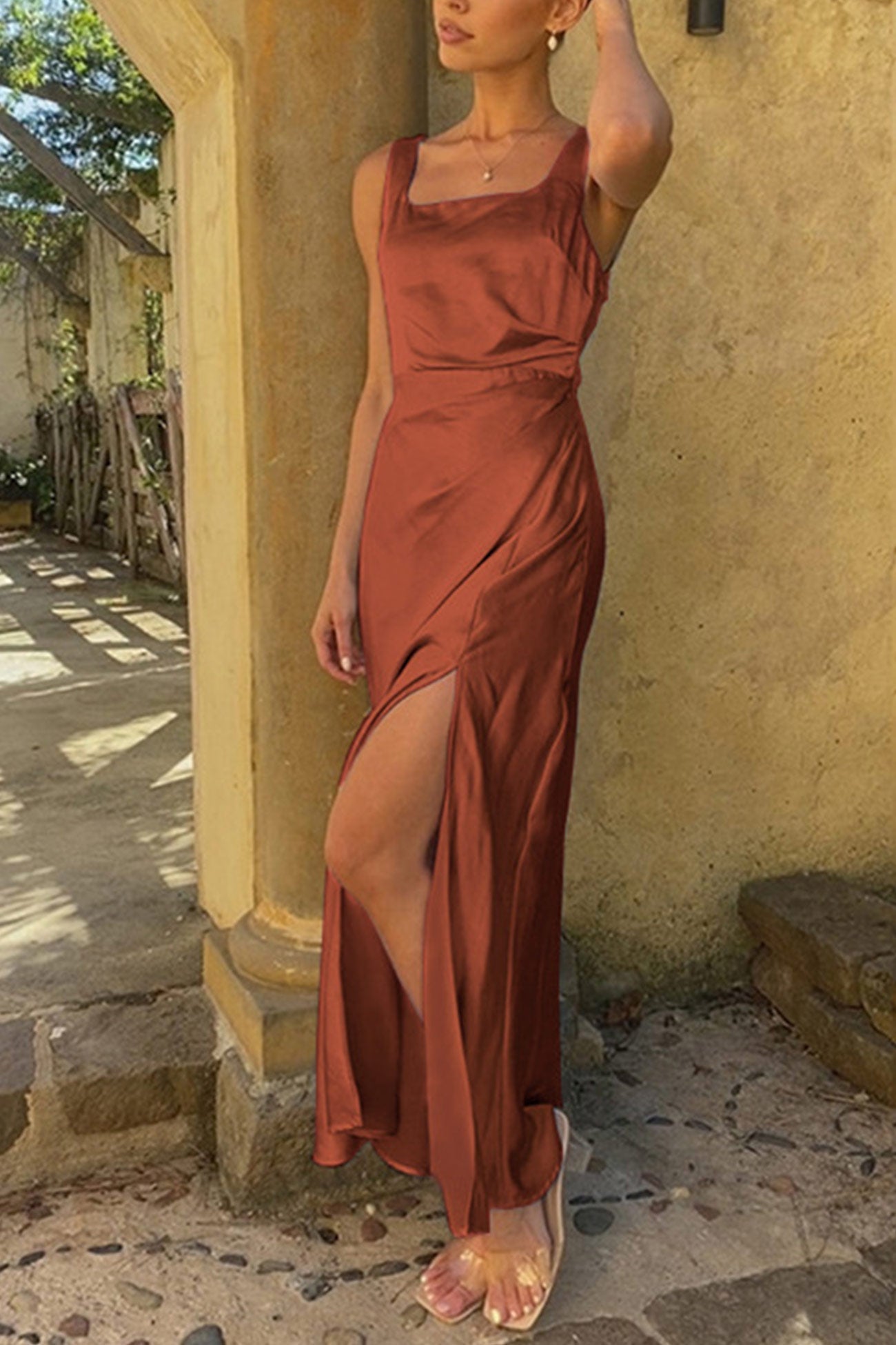 Satin Square Neck Slit Maxi Dress
