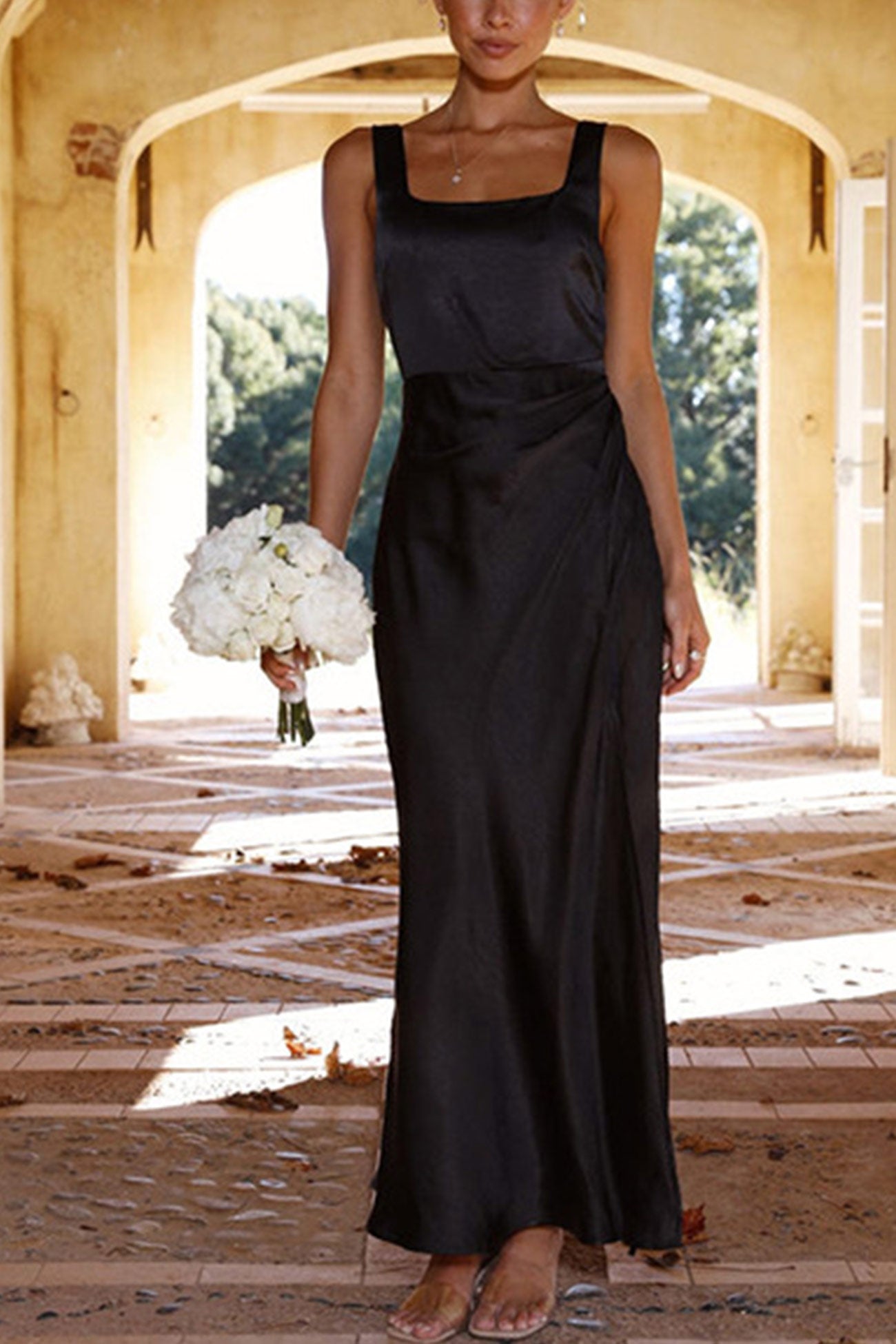 Satin Square Neck Slit Maxi Dress