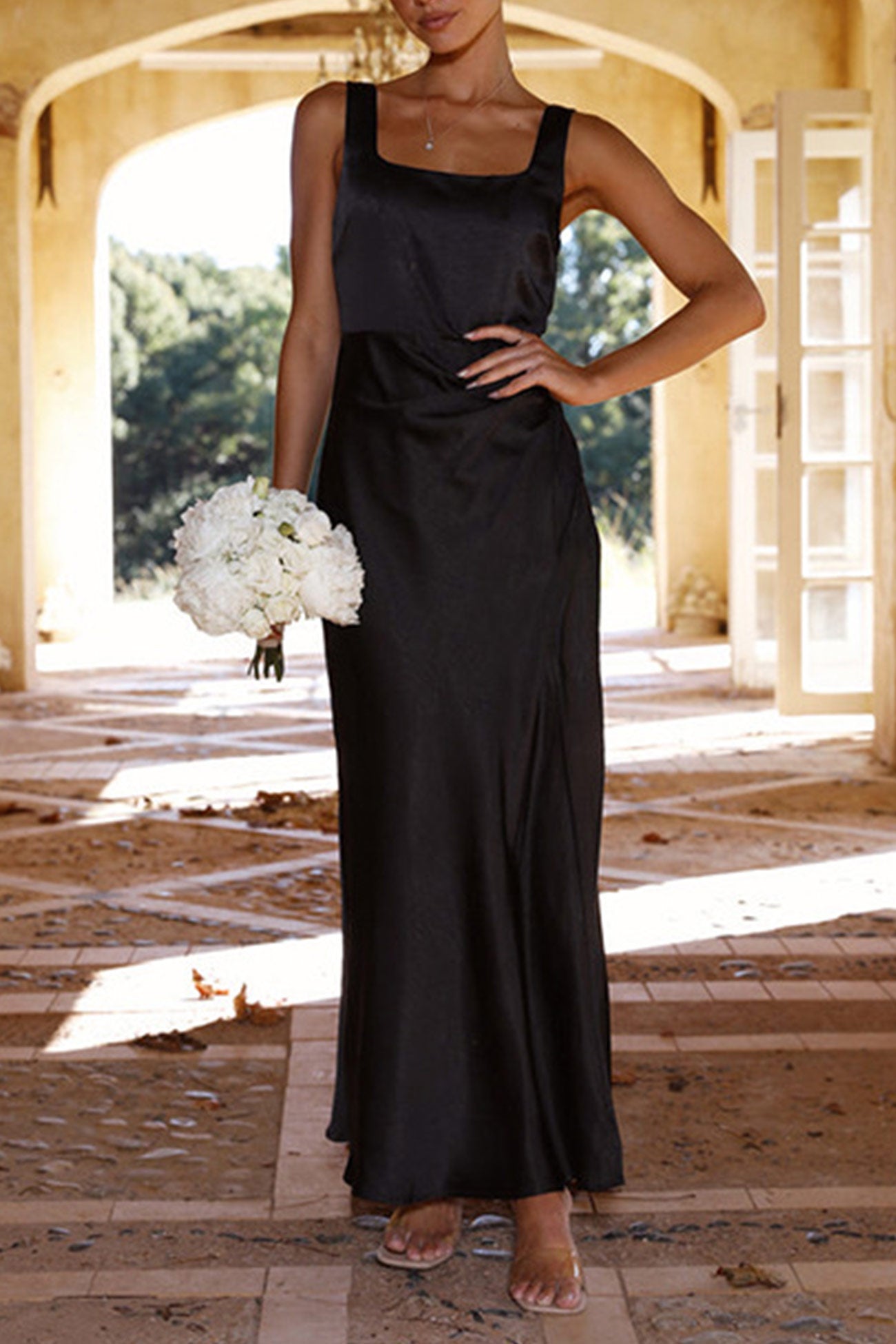 Satin Square Neck Slit Maxi Dress