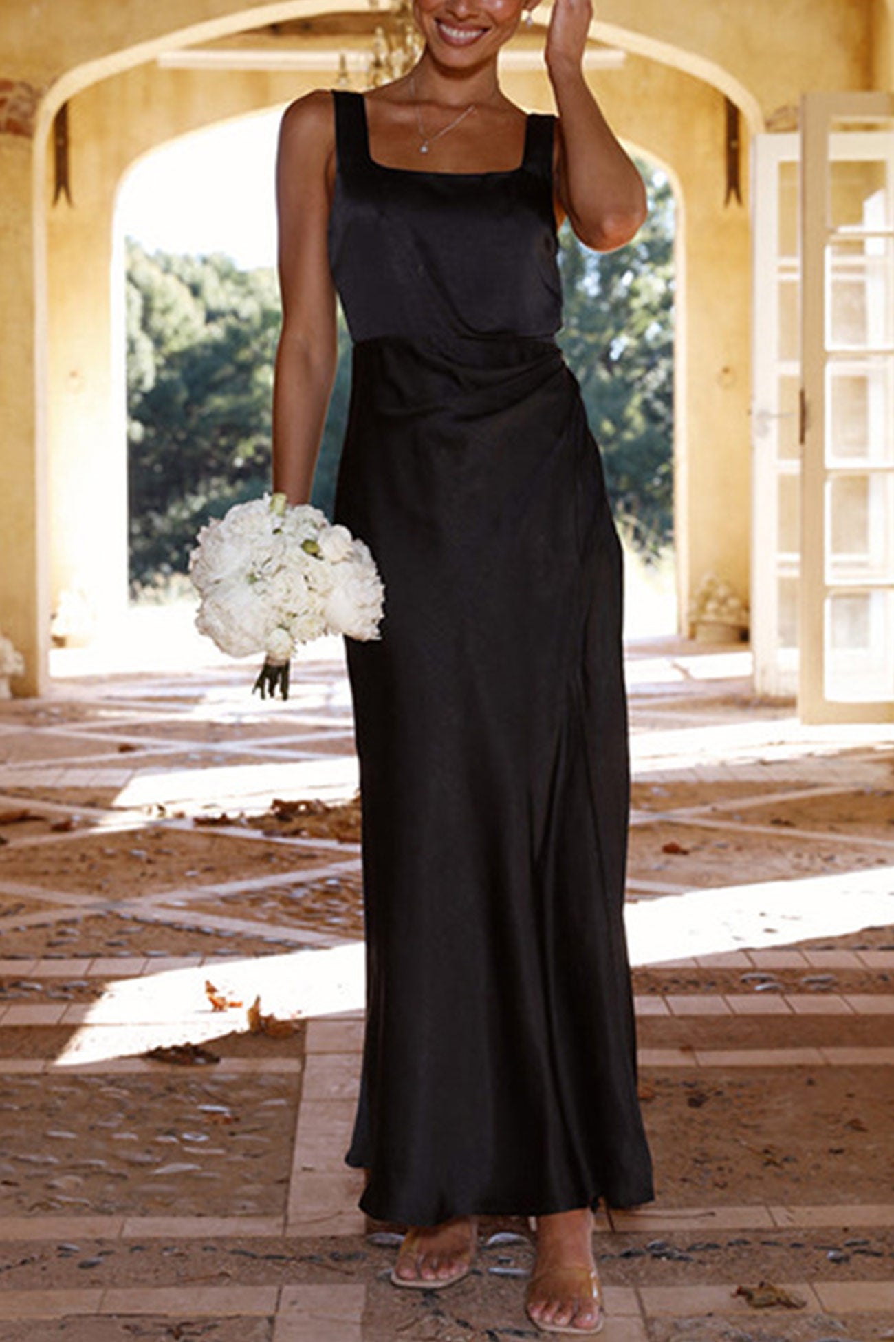 Satin Square Neck Slit Maxi Dress