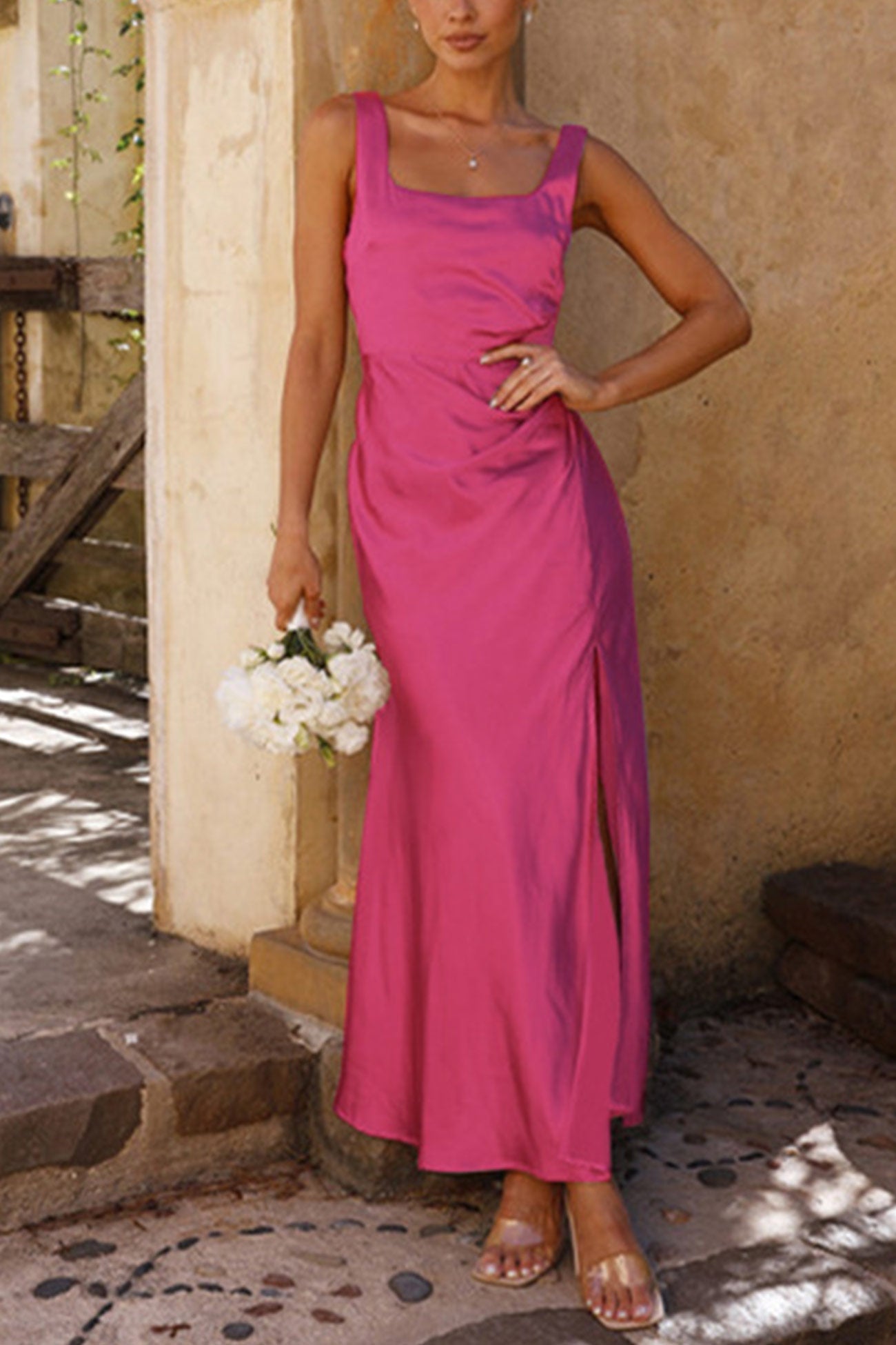 Satin Square Neck Slit Maxi Dress