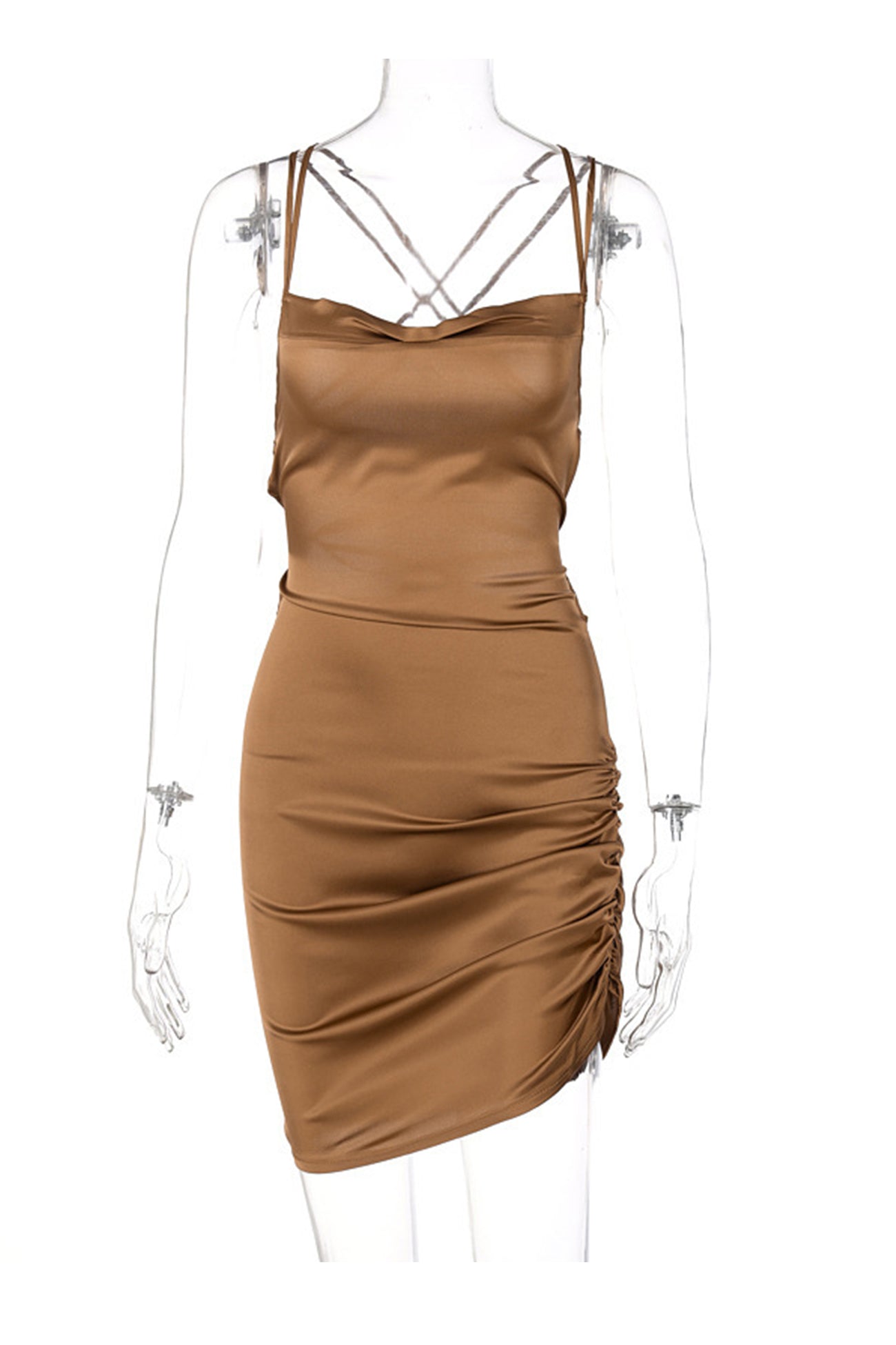 Satin Tie-up Ruched Cami Dress - Fashionpara
