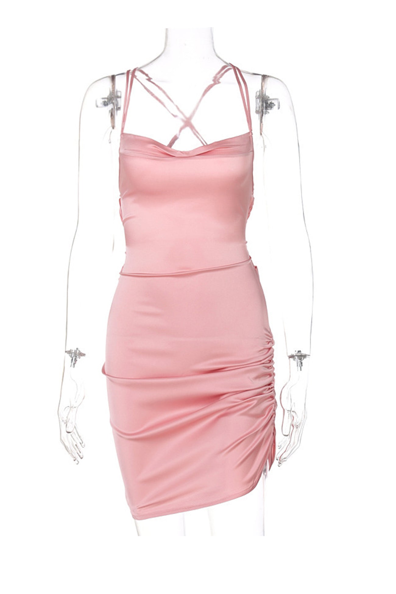 Satin Tie-up Ruched Cami Dress - Fashionpara