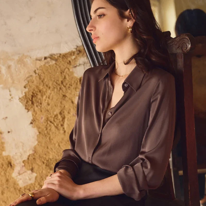 Satin Solid Long Sleeve Polo Neck Blouse - Fashionpara