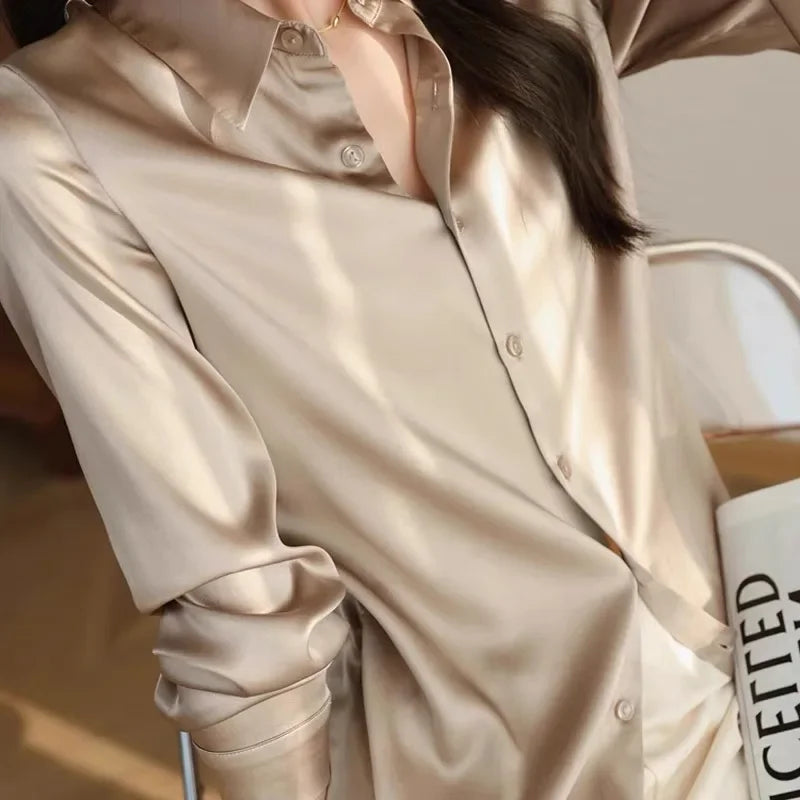 Satin Solid Long Sleeve Polo Neck Blouse - Fashionpara