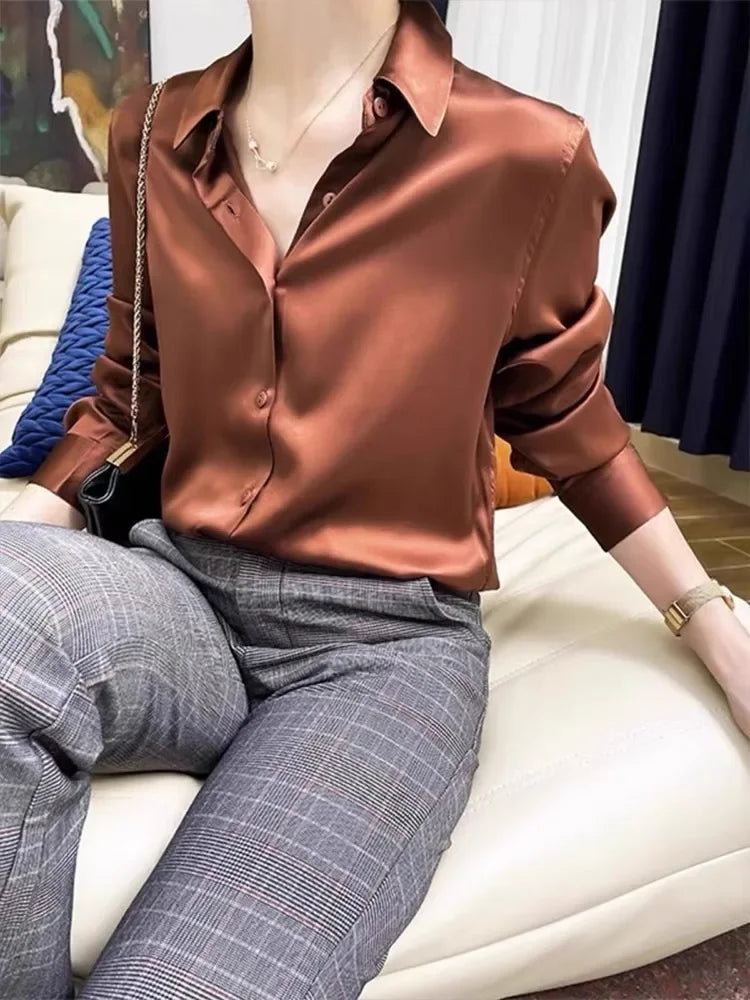 Satin Solid Long Sleeve Polo Neck Blouse - Fashionpara