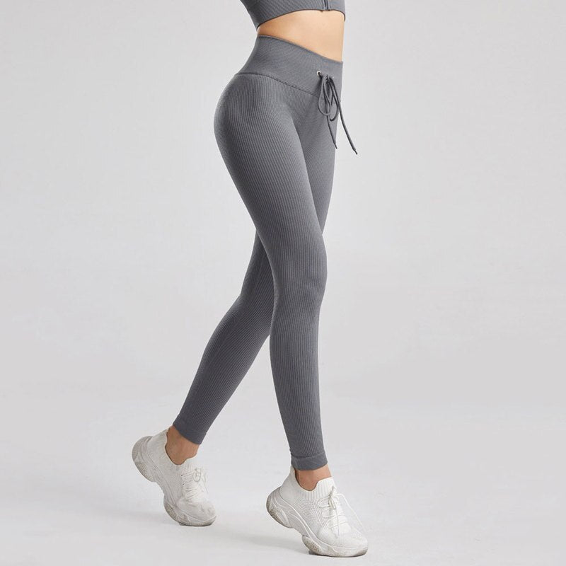 KittenAlarm - Mojoyce Ribbed Yoga Pants Women Seamless Push Up Sport Leggings Fitness Pants Tights Gym Workout Drawstring Scrunch Legging