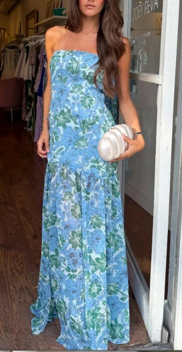 Strapless A-line Backless Floral Dress