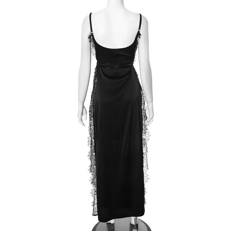Lace Satin Patchwork High Split Maxi Dress - View 15