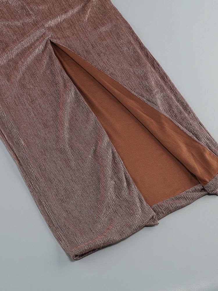 One Shoulder Draped Glitter Brown Maxi Dress - View 7