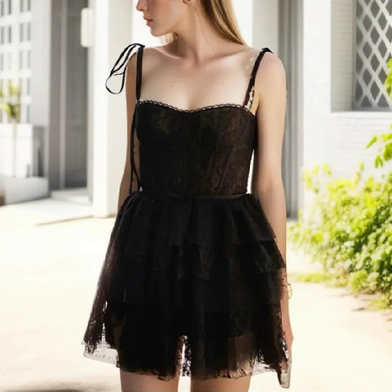 Mesh Bow Lacing up Black Mini Dress - View 2