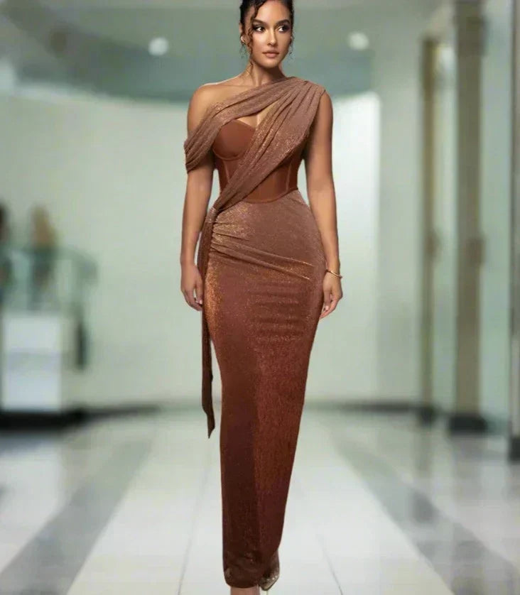 One Shoulder Draped Glitter Brown Maxi Dress - View 2