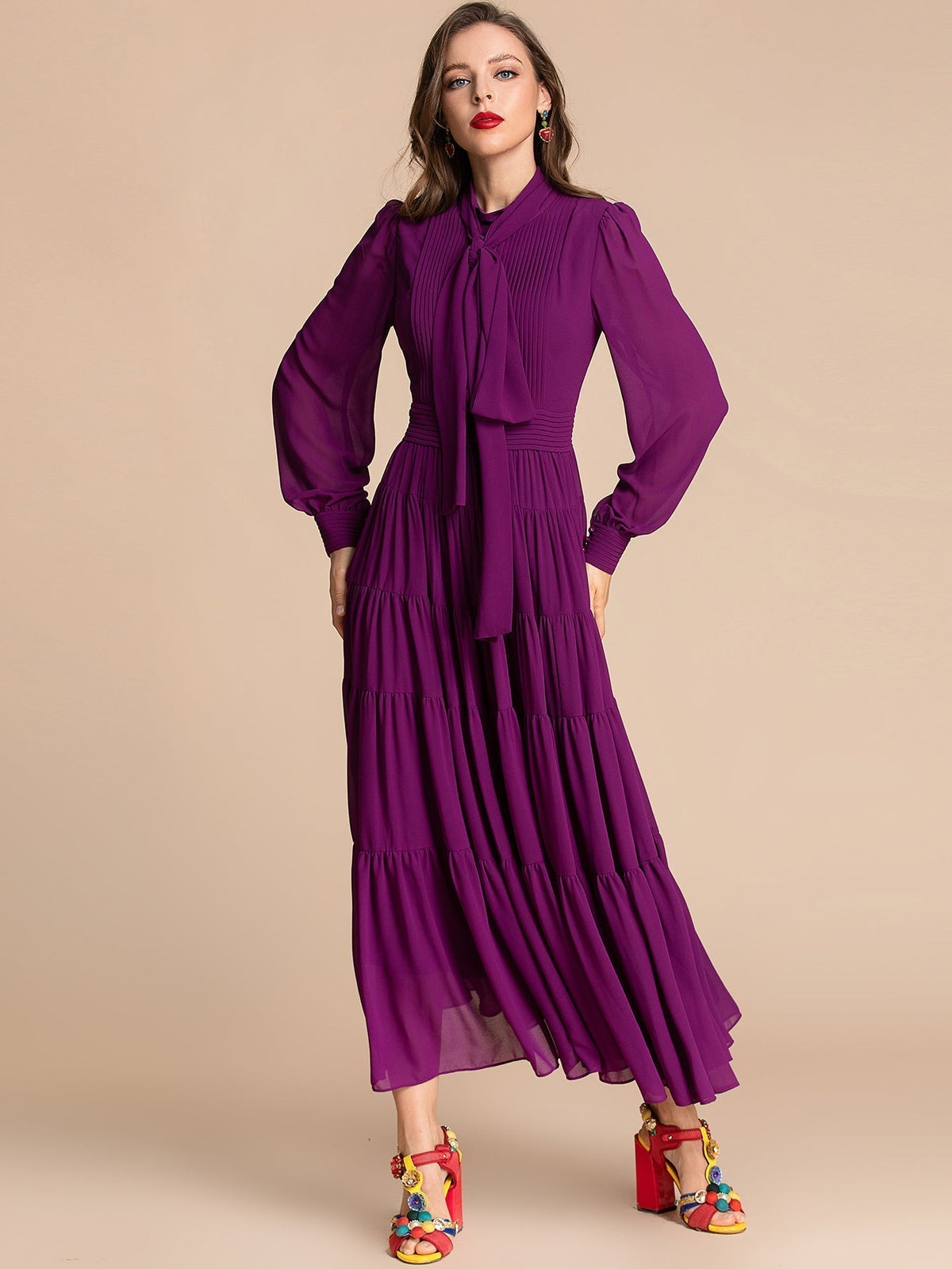 Pleated Tie Neck Long Sleeve Tiered Maxi Dress 2